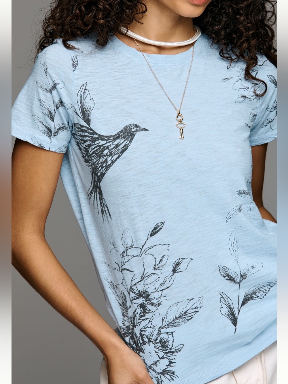 Pilcro Bennie Cotton Slub Crew-Neck Slim Tee NEW Small Bird Floral Light Blue
